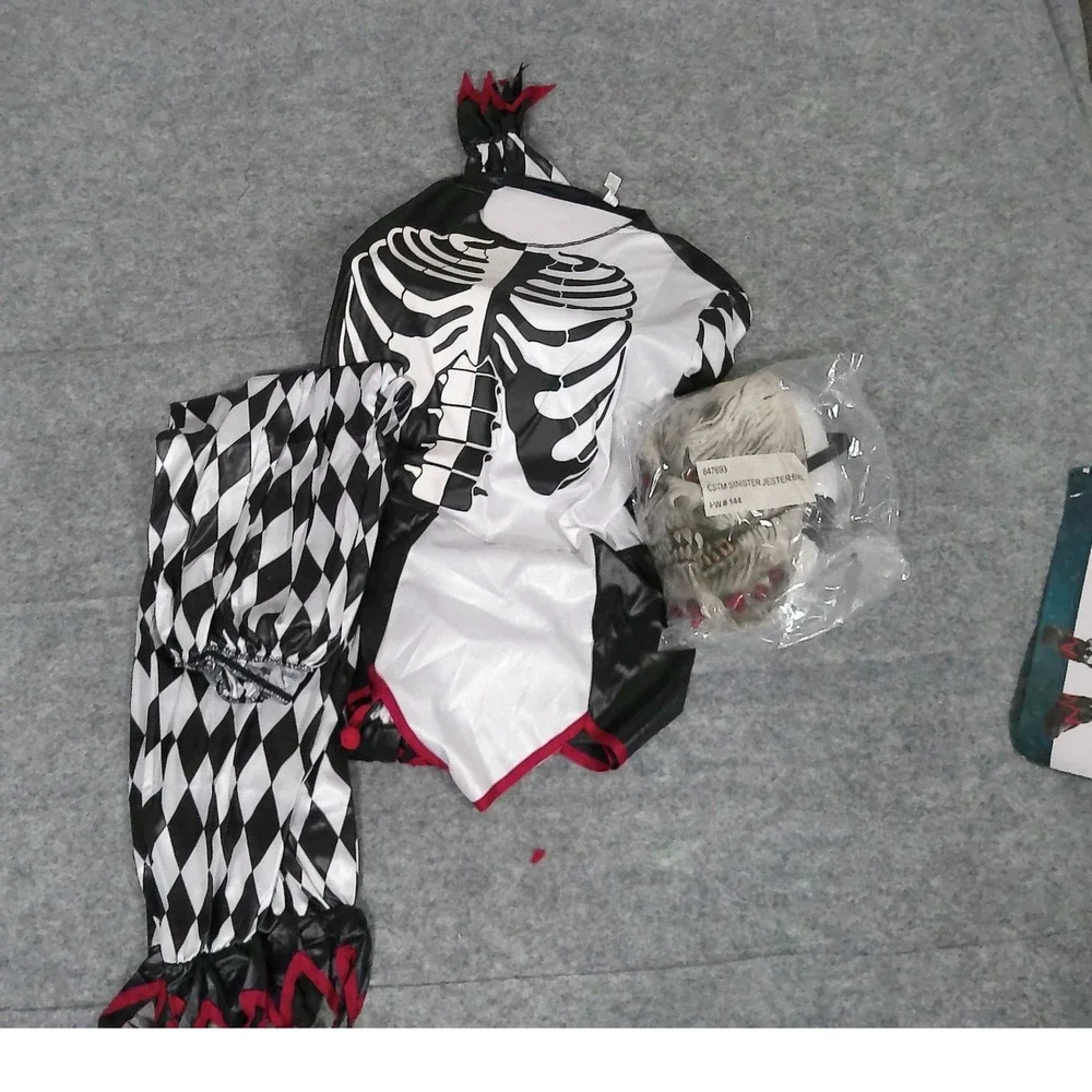 Sinister Jester Costume Kids XL 14-16 Skeleton Harlequin Black White